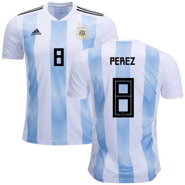Argentina #8 Perez Home Kid Soccer Country Jersey - Click Image to Close
